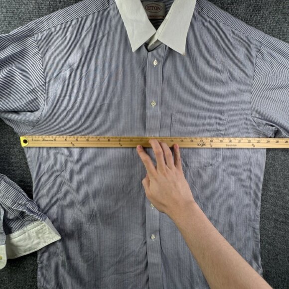 Eton Button Up Shirt Long Sleeve Men Cotton Striped Blue Contrast Non Iron 16.5 - Picture 4 of 16
